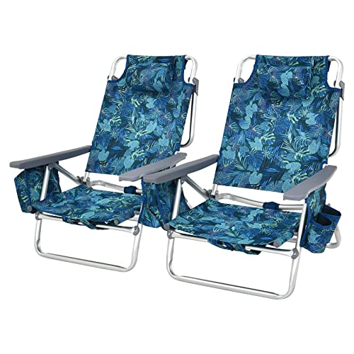 Tangkula Set of 2 Backpack Beach Chair, 5-Position Lay Flat Beach Chairs with Cooler Bag, 2 Cup Holders, Towel Bar, Lightweight Folding Beach Chair with Backpack Straps - color: Navy, style: 2 Pack