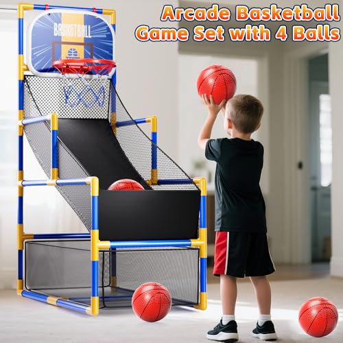Kids Arcade Basketball Game Set with 4 Balls and Air Pump, Indoor Outdoor Basketball Hoop Sports Toy Gifts for Kids Boys Girls 3-12 Years Old, Ideal for Competition and Carnival Party Games