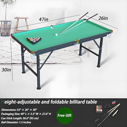 55" Foldable Billiard Table for Kids & Adults - Safe Anti-Collision Design, 330 Lbs Load Capacity, Includes Balls, Cues, Chalk & Brush - Portable Wooden Pool Table for Indoor Outdoor Use - size: 47inA