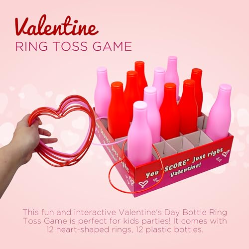 Valentine Bottle Ring Toss Game for Kids Party Activity, Indoor/Outdoor Backyard Yard Carnival Game, Classroom Valentine's Party Games for Kids and Adults Party Supplies by 4E's Novelty, Red, Pink