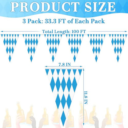 100 FT Oktoberfest Party Decorations, 3 Pack Pre-assemble Pennant Banner Flags, Plastic Blue and White Checkered Hanging Oktoberfest Decor German Bavarian Beer Festival Indoor Outdoor Party Supplies - style: Oktoberfest
