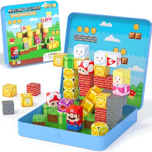 49PCS Mini Magnetic Tiles Travel Toys for Kids Ages 4-8, Magnetic Building Blocks Adventure Set with Portable Iron Storage Box & Play Base, STEM Learning Activities for Toddlers 3-5 - style: Game Magnetic Building Blocks Travel Set Toys - 49PCS