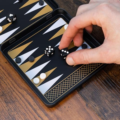 Iron & Glory Magnetic Travel Backgammon Set Durable Tin Case with Secure Magnetic Pieces, Compact & Portable Board Game for Family Strategy Game with Carry Pouch Easy On-the-Go Fun, Ideal Novelty Gift - color: Black