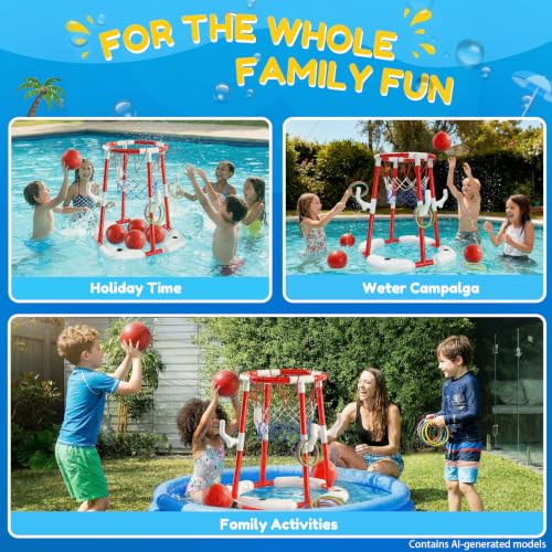 Pool Basketball Hoop,Floating Basketball Hoop,2-In-1 Floating Pool Toys Ring Game With 4 Balls And Pump, Outdoor Summer Water Toy,Chritmas Birthday Gift For 3 4 5 6 7 8 9 10Year Old Boy Girl (Red) - color: Red