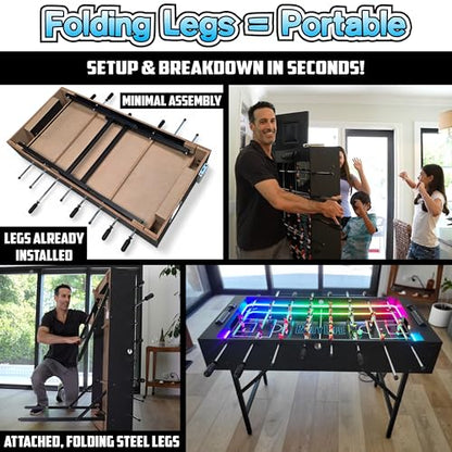 PartyLife 48" Foosball Table w/Folding Steel Legs & Optional LED Lights, Smooth Surface, Extremely Sturdy and Portable! - style: w/ LED Lights
