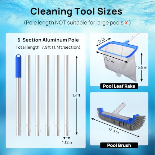 Consciot Pool Cleaning Kit, incl. Rake Net, Brush, Pole, Dispenser & Test Strip | Swimming pool maintenance set; Pool opening kit for medium aboveground & in-ground pool, SPA, pond, fountain; Easy to store - size: 5PCS