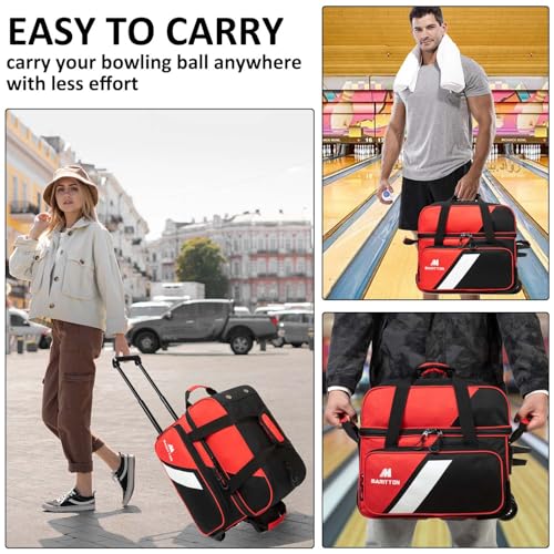 Bowling Bag with Wheels Double Roller 2 Ball Bowling Separate Shoe Compartment and Oversized Accessory Pocket, 36.6" Extendable Handle. - color: RED