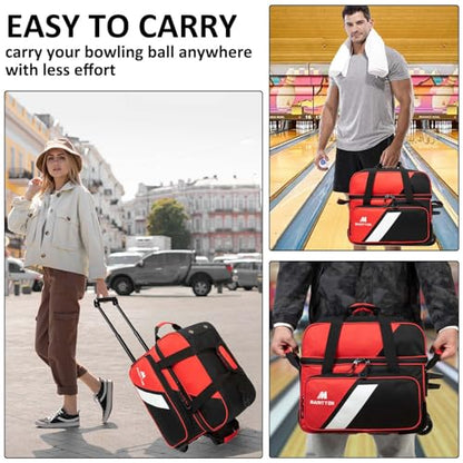 Bowling Bag with Wheels Double Roller 2 Ball Bowling Separate Shoe Compartment and Oversized Accessory Pocket, 36.6" Extendable Handle. - color: RED