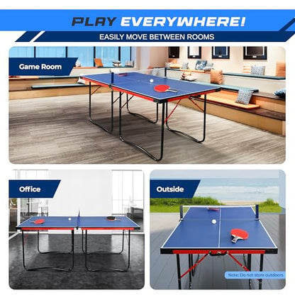 SereneLife Midsize Foldable Ping Pong Table Set with Net, Clipper, Post - 6' x 3' Portable Space-Saving Design, Blue