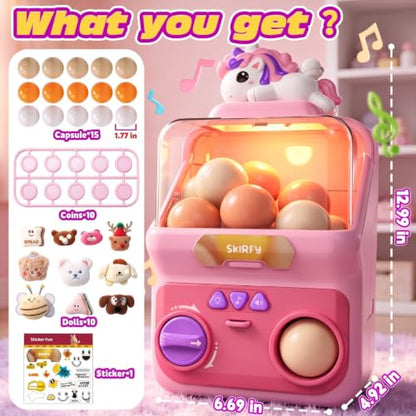 Skirfy Capsule Vending Machine for Kids, Light Up Toy Vending Machine with 15 PCS 1.77" Reusable Toy Capsules, Prize Machine, Arcade Game Toy, Birthday Gift for Girls Boys Ages 3-8 - color: Pink