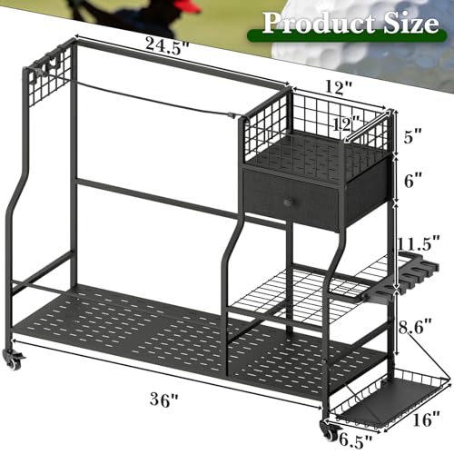 Faesun Golf Bag Organizer for Garage, Golf Bag Storage Rack with 6 Club Slots, Golf Club Organizer with Fabric Drawer & Wheels, Golf Storage Organizer Holds 2 Bags, Golf Rack Storage System