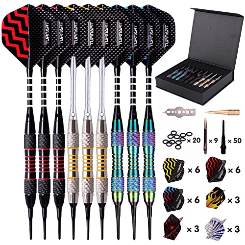 Turnart Darts Plastic Tip - Professional Soft Tip Darts Set for Electronic Dartboard 9 Pcs 18 Grams with 50 Extra Tips 9 Shafts 27 Flights Tool Kit Flight Protectors and Gift Darts Case - color: Color