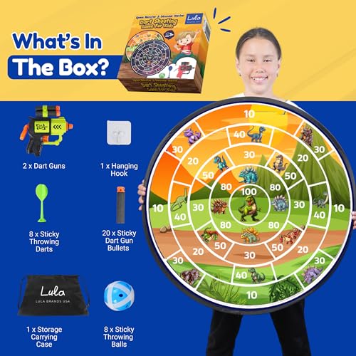 Lula Brands Dart Board for Kids w/Backpack, Shoot Sticky Darts, Balls & Darts, Large 29” Double Sided Indoor Outdoor Sport Party Game, 4 Children Boys Girls 5 6 7 8 9 10 11 12 13