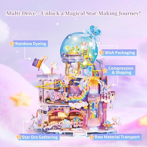 Tonecheer 3D Wooden Puzzle for Adults - Star Workshop, Mechanical Transmission Model Kit, Dynamic DIY Building Set with Music & Lights, Miniature House Kit Ideas - style: Star Workshop