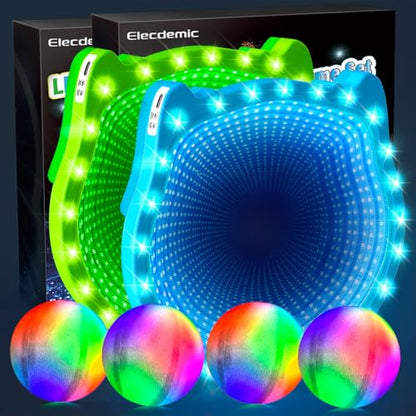 Bundle of 2(Two Paddles(Blue+Green) + Four Balls)-Elecdemic 3D LED Light Up Toss Catch Ball Game Set Toys for Back Yard Outdoor Party Favors Baseball Gift Age 3-12 Years Old Girls Boy Kid Family Adult