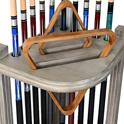 CROWN ME Deluxe Corner Floor Cue Rack, Pool Cue Holder - Smoky Finish, Solid Hardwood, Holds 10 Cues, 16.5-in W x 16.5-in D x 28-in H