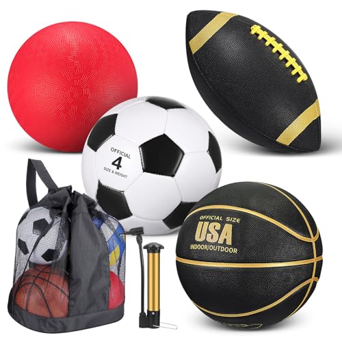 Deekin 4 Pcs Sport Balls Set for Kids Teens, Include Official Size Basketball Soccer Football Playground Ball and Pump Sports Equipment Bag Sports Gift(Classic Color) - color: Classic Color