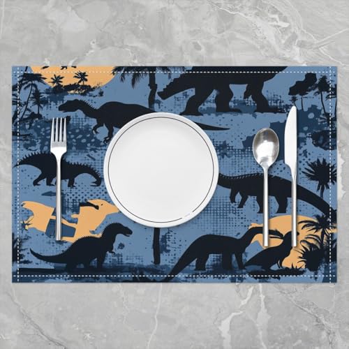 Erosebridal Set of 4 Dinosaur Placemats 12X18 Inch,Cartoon Wild Animals Wildlife Place Mats for Youth Teens Boys Kids Child,Natural Coconut Tree Silhouette Waterproof Placemats for Kitchen Table - color: Grayish Blue Yellow Black