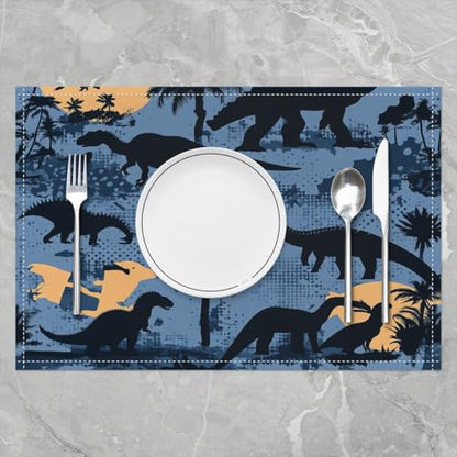 Erosebridal Set of 4 Dinosaur Placemats 12X18 Inch,Cartoon Wild Animals Wildlife Place Mats for Youth Teens Boys Kids Child,Natural Coconut Tree Silhouette Waterproof Placemats for Kitchen Table - color: Grayish Blue Yellow Black