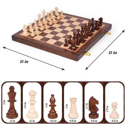 Magnetic Chess Set, 15 Inch Wooden Chess Set with Storage, Folding Travel Chess Set with Strong Magnetic Pieces, Tournament Chess Board, Portable Chess Set with 2 Extra Queens for Adults & Kids