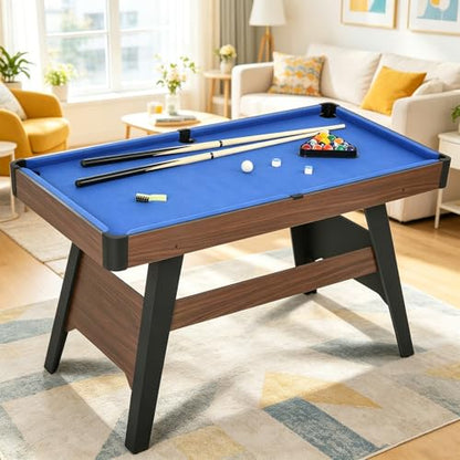 Pool Table Set with 2 Sticks 16 Balls Triangle Chalk Brush, Portable Wooden Billiards Game Table for Kids, Indoor Family Party Game Room and Playroom Fun - color: 54 Inch-blue