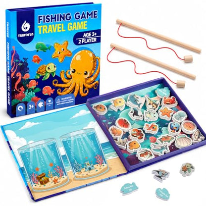 TRAVOFUN Magnetic Fishing Game Book for Kids Ages 3-8, Travel Toys for Toddlers 3-5, Road Trip and Airplane Activities, Quiet Portable Car Ride Toy with 2 Poles and 27 Ocean Fish - color: Fishing Game