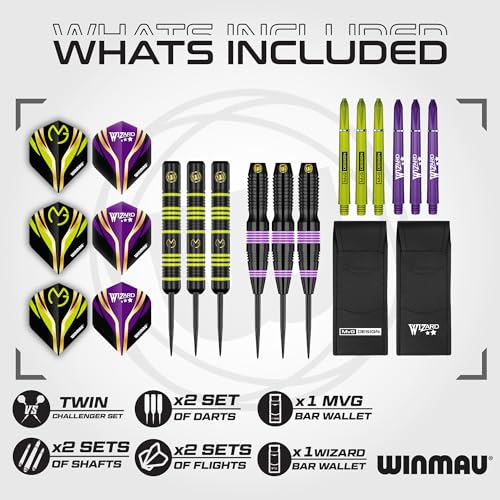 WINMAU MvG vs Wizard Steel Tip Darts Set – 22g Brass Twin Set with Flights, Shafts & Wallet – Dual Grip Styles for Practice & Play
