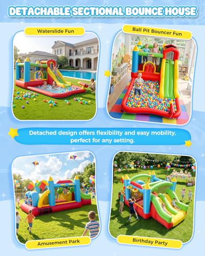 Whubefy Giant 29FT Bounce House Water Slide for Kids 3-12, Huge Sectional Obstacle Course Bouncy Castle with Slides/Tunnels/Climbing Walls/Jumping Area/Obstacles/Splash Pool/Basketball Hoops/Dartboard - style: 550+370W Blower