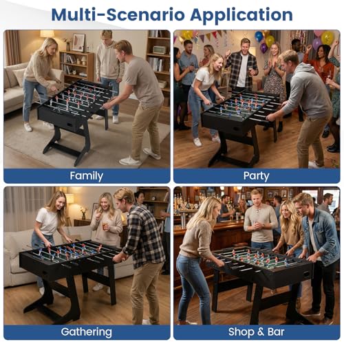 Goplus Folding Foosball Table, 48'' Full Competition Size Freestanding Soccer Game Table with 22 Players, 2 Balls, Space-Saving Foldable Arcade Table for Adults Family Game Night - color: Black