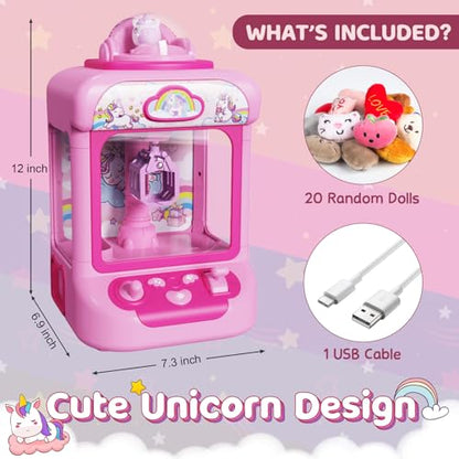 Marlrin Claw Machine for Kids, Mini Vending Machine Girls Unicorn Toys, Candy Grabber Prize Dispenser with Sound & 20 Mini Plush Toys, Electronic Arcade Game Indoor Toy for Home Party Birthday Gifts