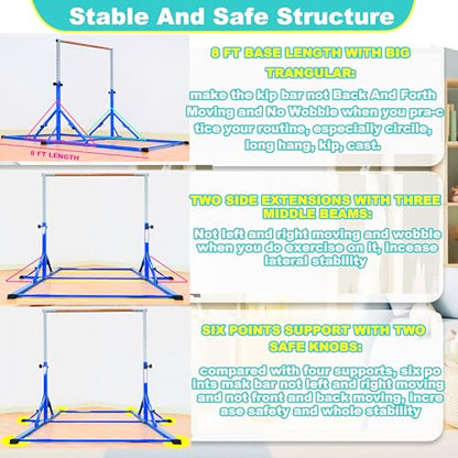 Marfula Gymnastic Bar For Kid and Teenage of 3-25, 5Ft/8 FT Base Length 4Ft Width 5Ft Adjust Height, Gymnastic Kip Bar For Gymnast, Gymnastic Training Equipment For Professional Training Home Club Use - color: Blue (Bar with Mat - 8 Ft Base)