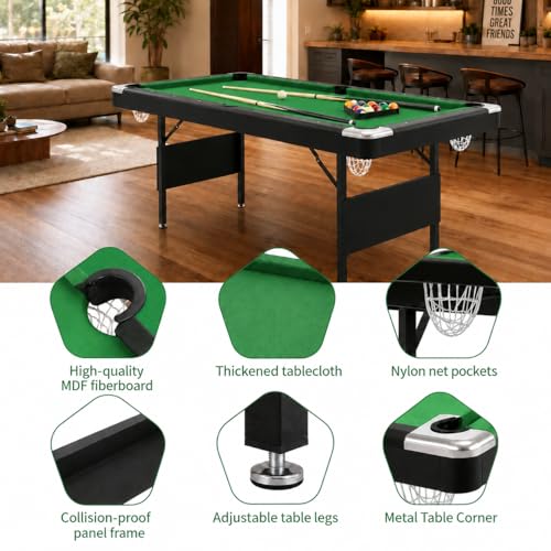 63.8 Inch Foldable Pool Table, No Assembly, Steel Folding Legs, 4-Point Leveling Feet, Complete Set — 16 Balls, Triangle, Chalk, Felt Brush - color: Green Felt+Black Frame
