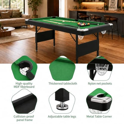 63.8 Inch Foldable Pool Table, No Assembly, Steel Folding Legs, 4-Point Leveling Feet, Complete Set — 16 Balls, Triangle, Chalk, Felt Brush - color: Green Felt+Black Frame
