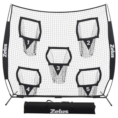 ZELUS Football Throwing Net, Quarterback Training Equipment with 5 Target Pockets, Football Practice Throwing Passing Accuracy Trainer with Carry Bag Ground Stakes for Kids Adults - color: Black, size: 7×7