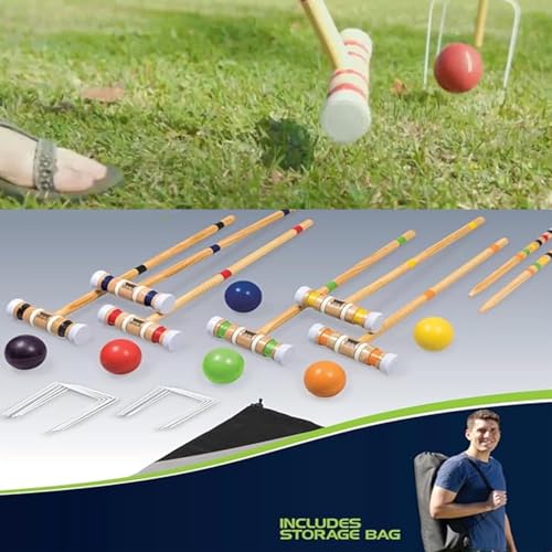 Croquet Set - 6 Players Outdoor Family Games, Portable Wooden Sports Set, Reusable Lawn Backyard Park Kit | Durable Handbag Included, Fun Courtyard Game for Kids Adults Friends Outdoor Activity