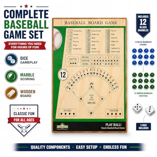 Classic Baseball Board Activity, Two Player Tabletop Dice Play Set with Wooden Surface Plus Marble Scoring, Indoor Family Gathering Entertainment for Children Ages 8-12, Teens, Adults