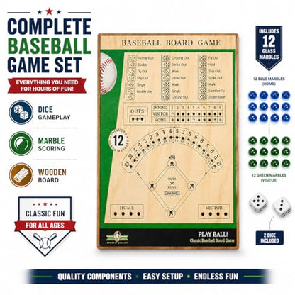 Classic Baseball Board Activity, Two Player Tabletop Dice Play Set with Wooden Surface Plus Marble Scoring, Indoor Family Gathering Entertainment for Children Ages 8-12, Teens, Adults