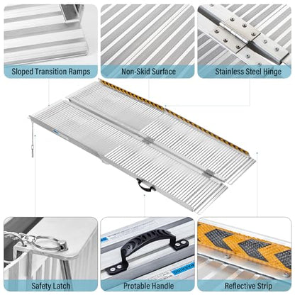 6 Feet Aluminum Folding Wheelchair Ramp | Non-Skid Handicap Threshold Wheel Chair Ramp for Home Steps, Stairs, Entry, Threshold, Doorways, 600LBS Capacity,28in Wide - size: 6FT-tri-fold-silvery
