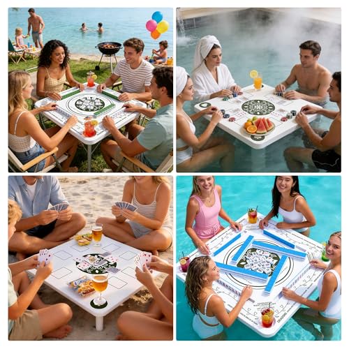 Floating Mahjong Table for Pool with 4 Cup Holders, 31.5" Pool Mahjong Set, Double-Sided Game Table for Hot Tub, Beach Party, Includes 4 Shuffle Cards - color: Green Printed F