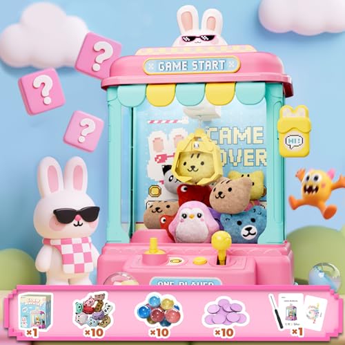 Pixel Rabbit Mini Claw Machine for Kids, Compact Arcade Prize Grabber with Plush Toys and Capsules, Mute Mode Tabletop Game, Gift for Ages 3 and Up