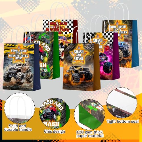 Kolldenn 48 Pcs Monster Truck Themed Goodie Bags with Handles Paper Truck Theme Gift Bag Racing Car Party Favors Candy Treat Pouch for Birthday Decorations Baby Shower Supplies - style: Truck