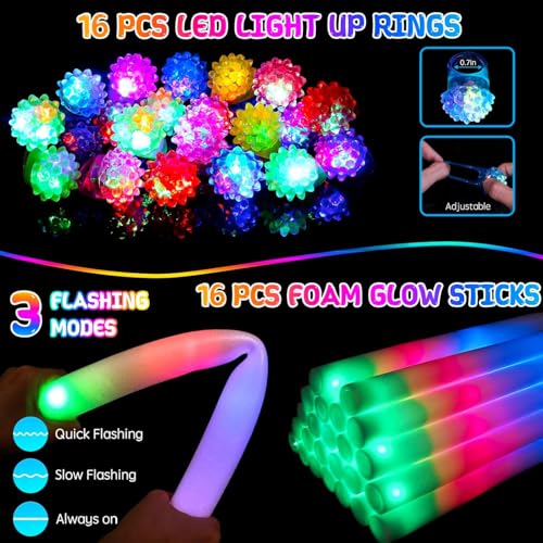 248PCS Glow in the Dark Party Supplies, Party Pack Bulk , 16PCS Foam Glow Sticks & LED Glasses, 16PCS LED Light Up Rings and 200PCS Glow Sticks for Neon Party Decorations, halloween party favors