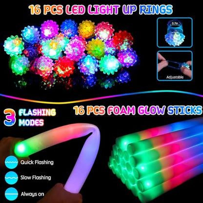 248PCS Glow in the Dark Party Supplies, Party Pack Bulk , 16PCS Foam Glow Sticks & LED Glasses, 16PCS LED Light Up Rings and 200PCS Glow Sticks for Neon Party Decorations, halloween party favors