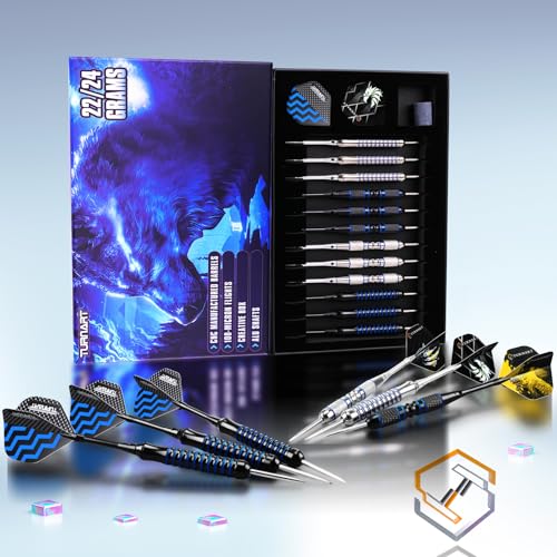 Turnart Darts Metal Tip Set - Steel Tip Darts Darts Set Professional Metal Darts 12 pcs 22/24 Grams Pro Dart Set with Stylish Case Aluminum Shafts Extra 9 Flights - color: Blue