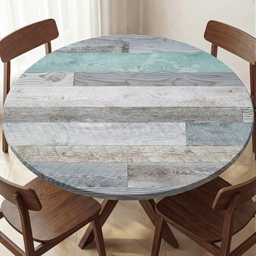 Farmhouse Round Fitted Table Cover with Elastic Waterproof Vinyl Wood Texture Outdoor Indoor Tablecloth Washable Wipeable Table Cloth for Picnic Camping (Green, 36"-44") - color: Green, size: 44" (Round)