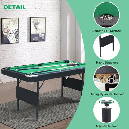 Ditkoko Billiard Table, 64" Folding Pool Table with with Balls, Cues, Chalk, Brush and Triangle, Pool Table Set for Family Game Room, Adult Rrec Room, Basements, Man cave or Garage - color: Green