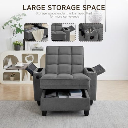 oaaktu Modern Tufted Linen Fabric Chaise Lounge Sofa Chair with Rotating Side Table,Storage,Pillow,USB Charging Ports and Adjustable Backrest Perfect for Living Room, Small Spaces (12-Dark Gray) - color: 12-dark Gray