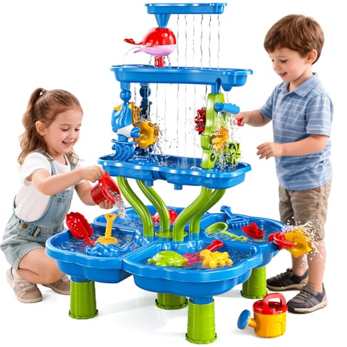 4 -Tier Kids Water Play Table for Toddlers 18M+ 3-5 4-8 Years, Sand and Water Table with Activity Play Set, Water & Sand Sensory Play Table Summer Beach Outdoor Indoor Toys for Birthday - color: Blue9988