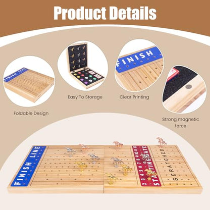 Extra Large 28 inches Foldable Horse Race Board Game for Adults,Thickened Wood Chessboard,Includes 11 Luxurious Metal Horses, 60 Chips,2 Dice,2 Boxes of Cards,Classic Wooden Table Top Board Games