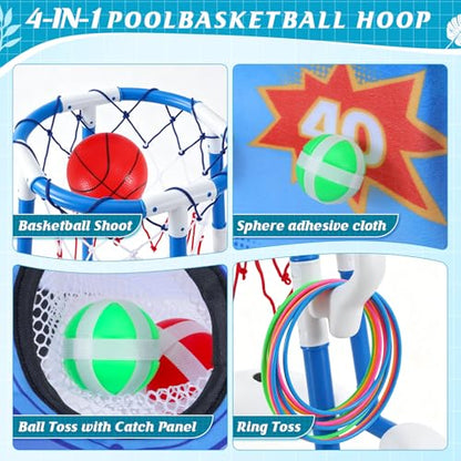 4-in-1 Floating Pool Basketball Hoop Set: Includes Ring Toss Game, Air Pump Launcher, 4 Balls & Sticky Balls – Outdoor Water Toys for Kids Ages 3-12, Family Pool Party Games